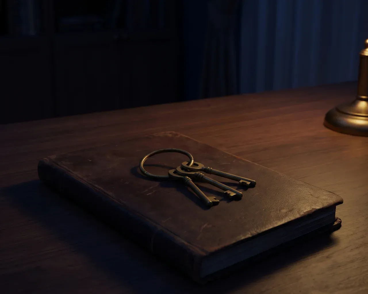 Un antiguo llavero con tres llaves de latón sobre un libro de cuentas de cuero, bajo la luz de una lámpara.